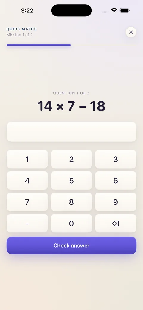 Quick Maths: 14 × 7 − 18 with a large keypad