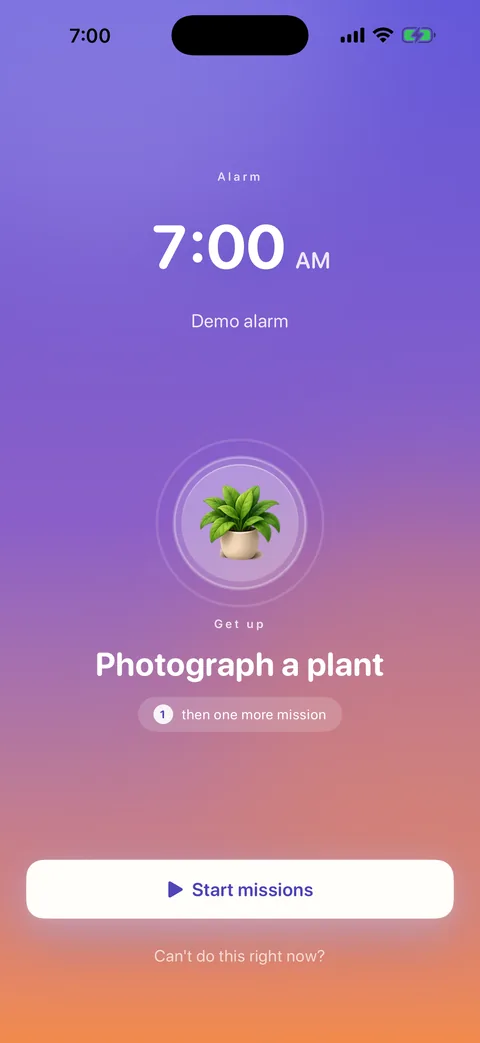 The alarm ringing at 7:00 with the mission Photograph a plant