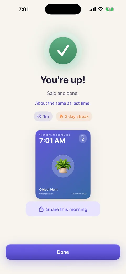 You're up! screen with a shareable card for the morning